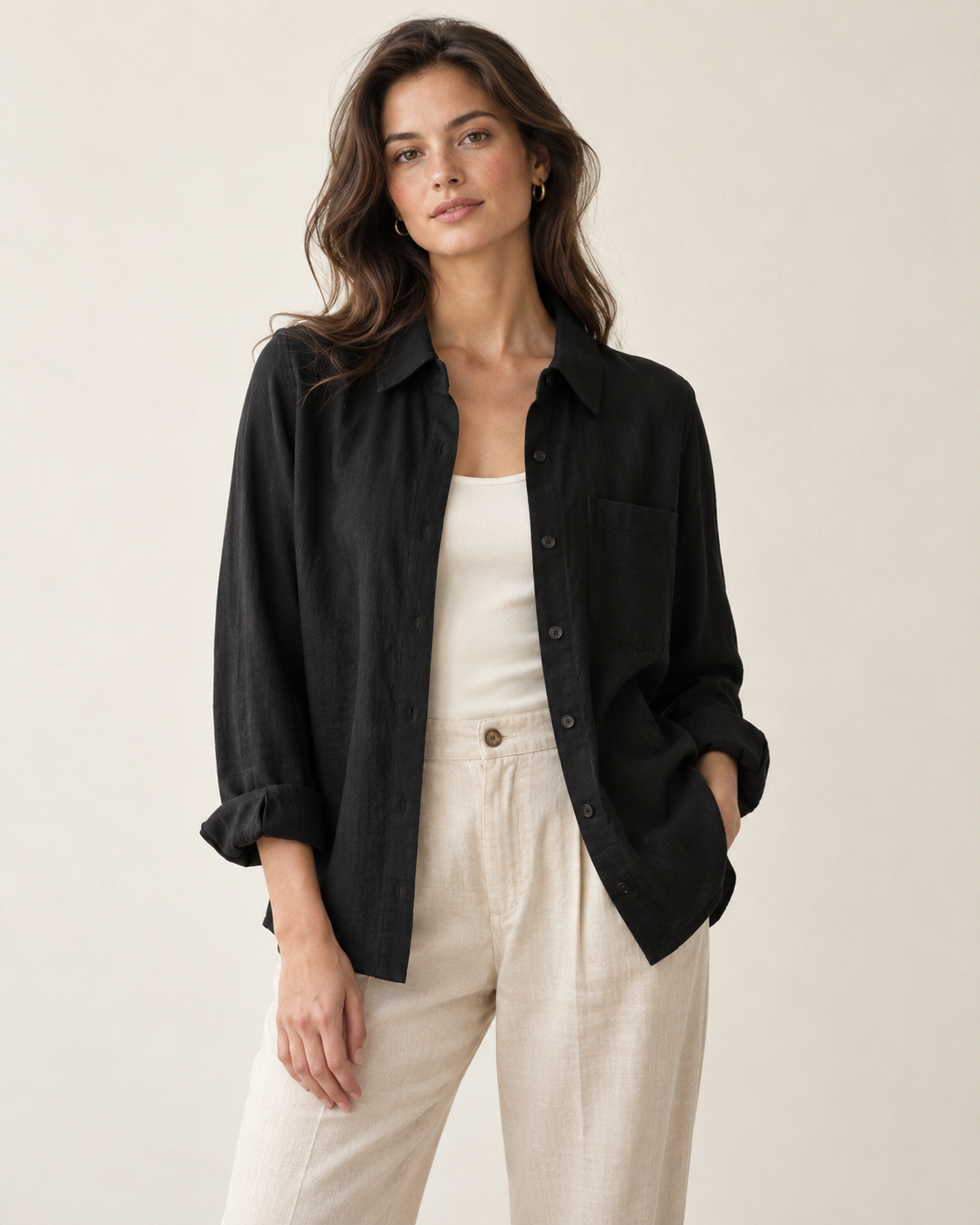 Woman wearing Maison Aria lightweight overshirt in black
