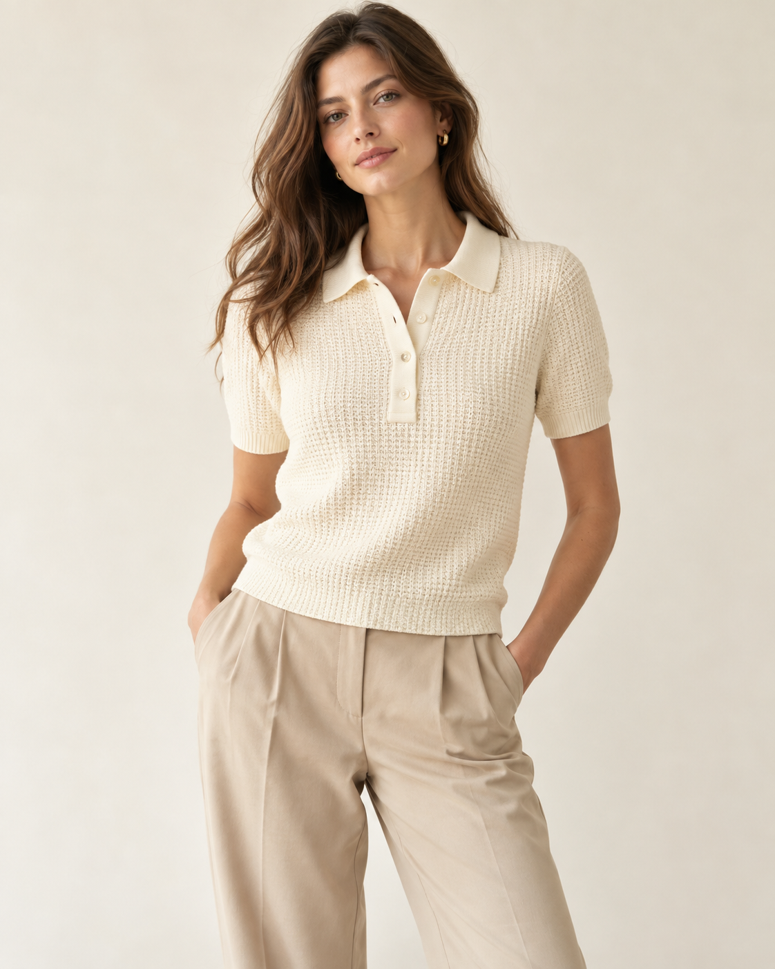 Woman wearing Maison Aria textured knit polo in ivory